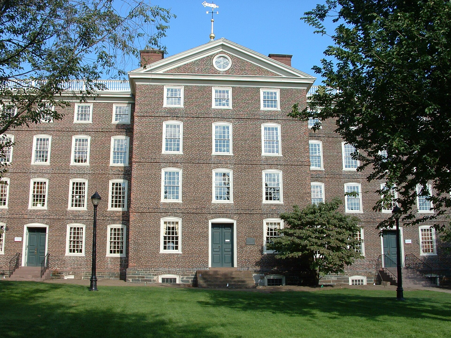 The brick Georgian University Hall on the College Green at Brown University in Providence