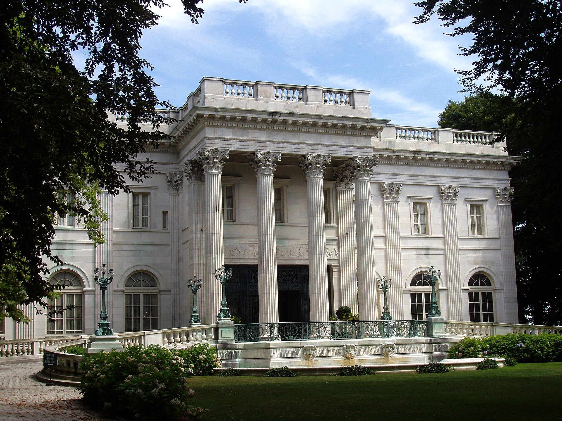 The columned white-marble portico of Marble House on Bellevue Avenue in Newport