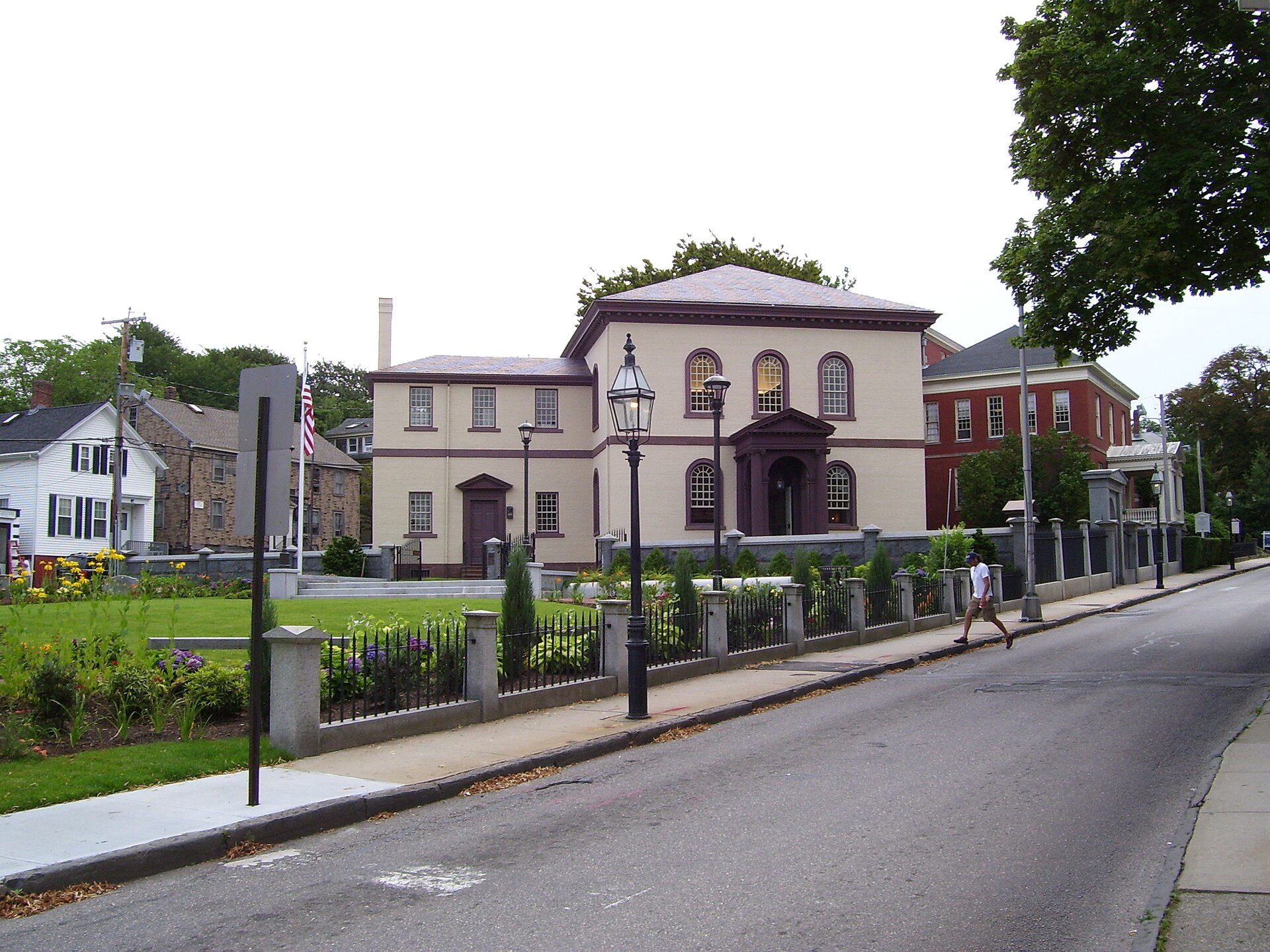 The colonial Touro Synagogue and its garden on Touro Street in Newport