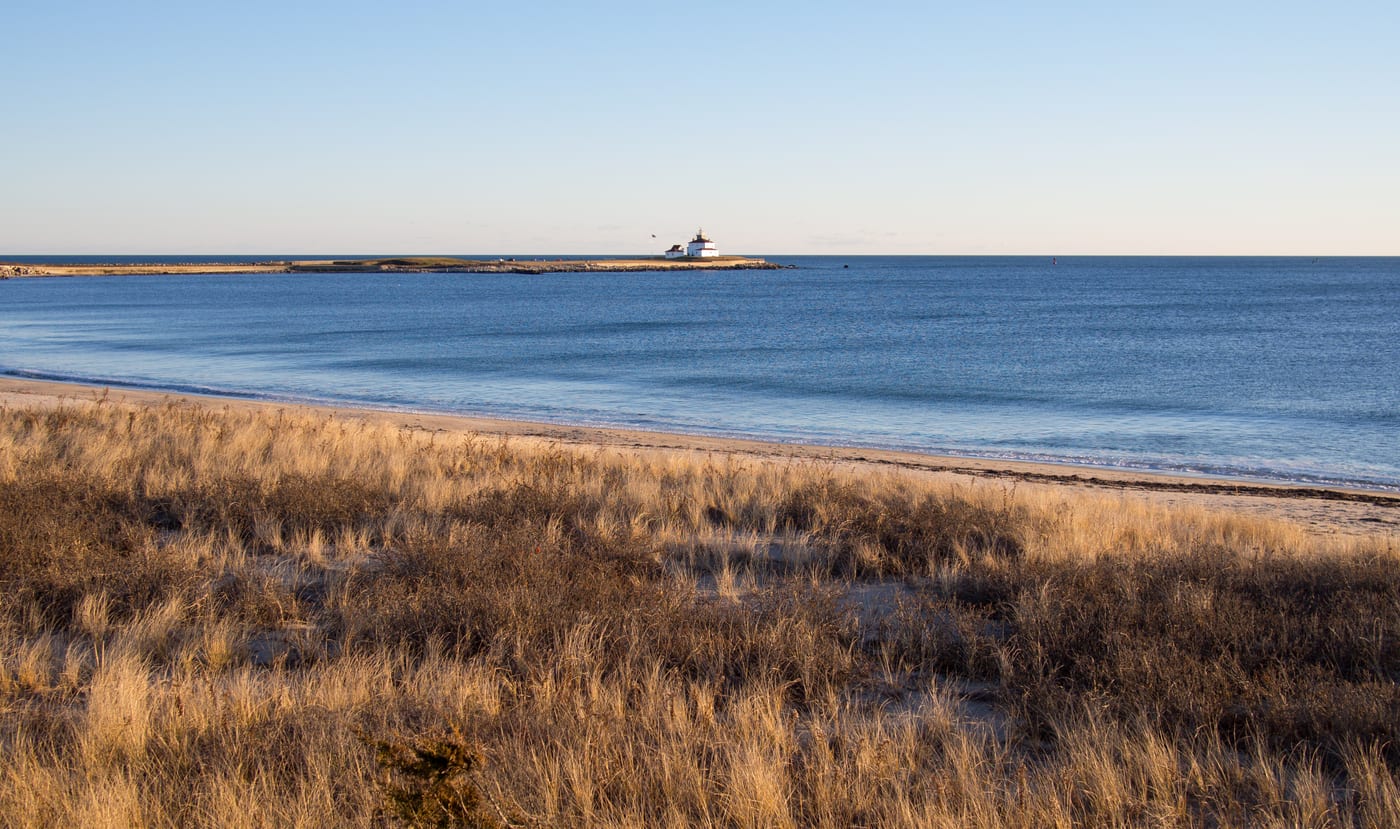 Watch Hill Light and calm western Rhode Island shoreline